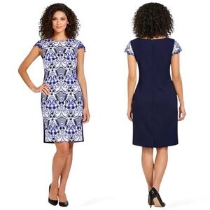 NWT Antonio Melani Embroidered Sheath Dress Size 10 Patterned Blue Ivory Floral